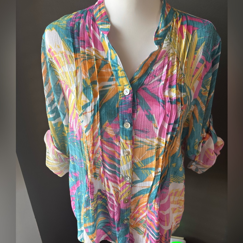Ruby Rd Tropical Print Button Front Blouse Pink T… - image 7